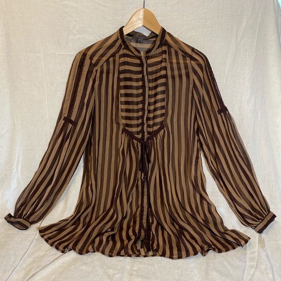 Vintage Flowy Sheer Brown Striped Tunic - Picture 1 of 5